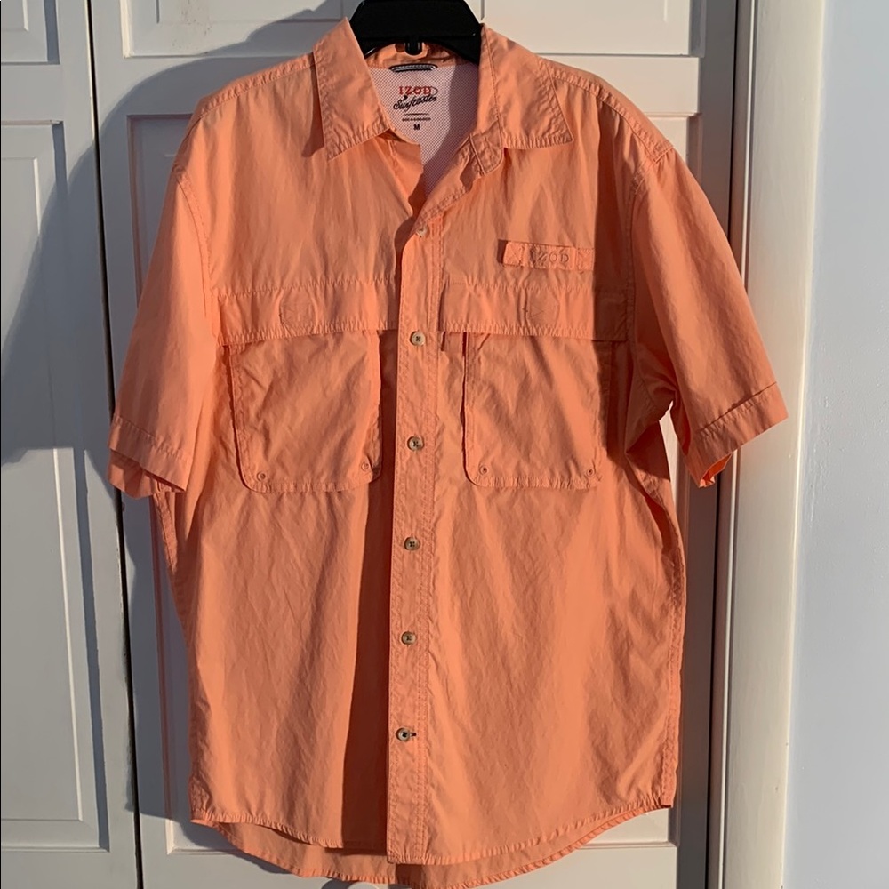 IZOD Surfcaster Orange Casual Button Down Short Sleeve Shirt
